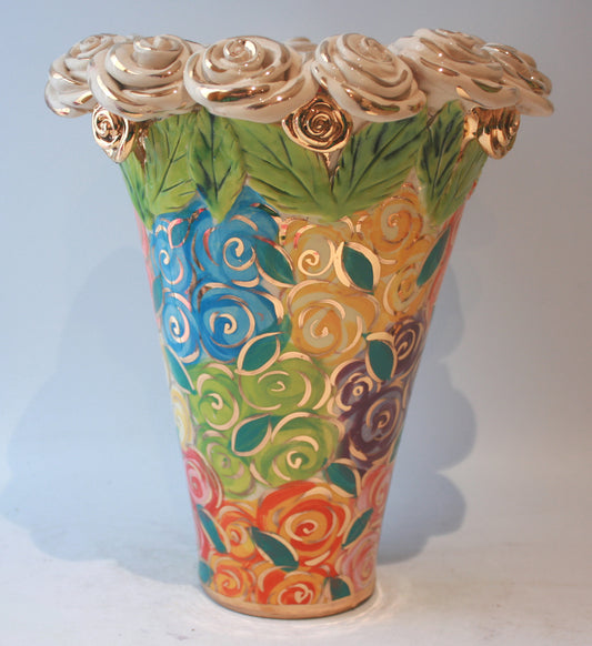 Multiflower Encrusted Flared Vase in Pastel Rosebush