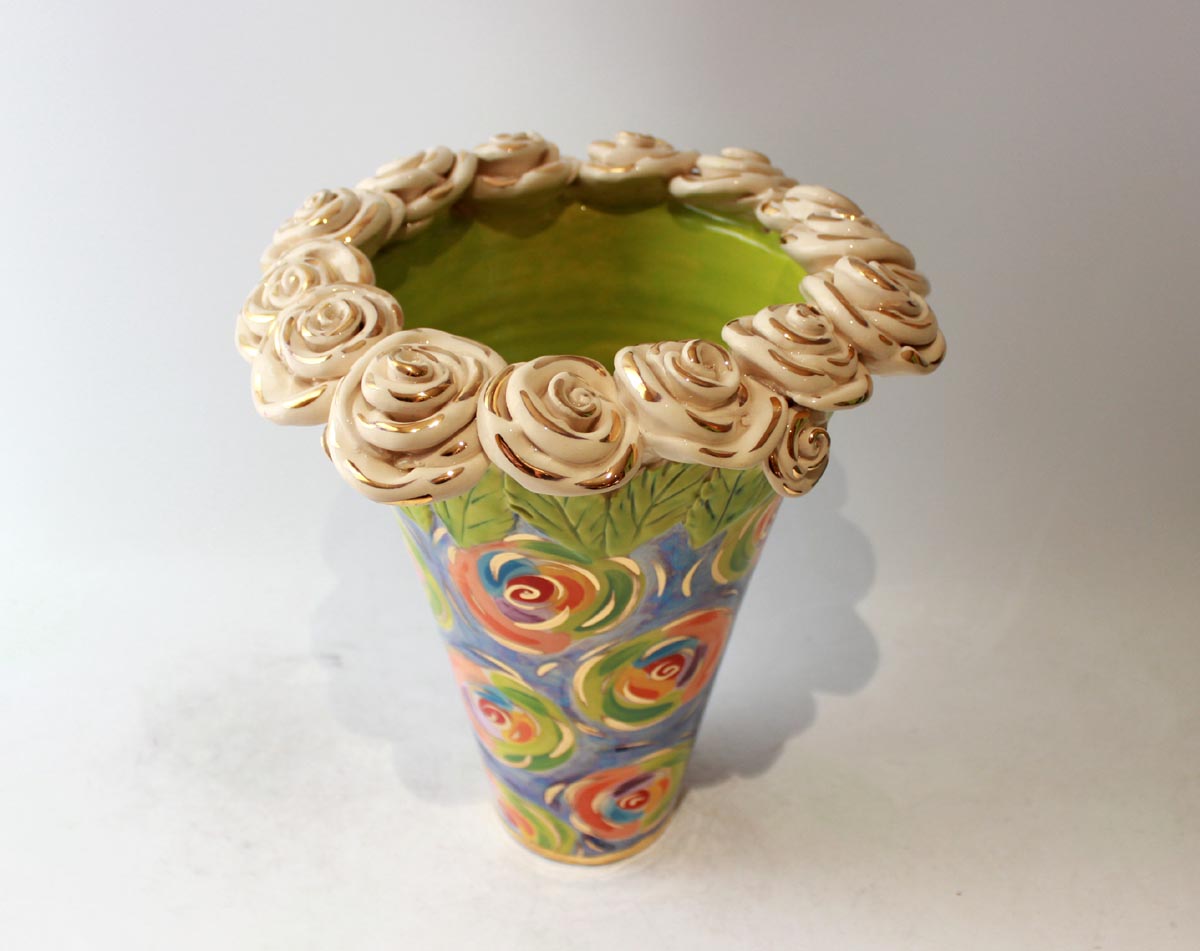 Large Rose Encrusted Flared Vase in Swirls