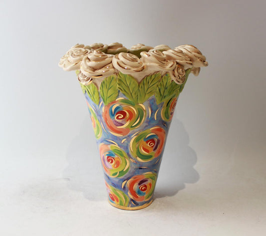 Large Rose Encrusted Flared Vase in Swirls