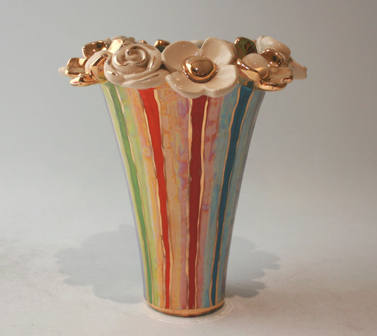 Multiflower Encrusted Flared Vase in Lustred Stripe