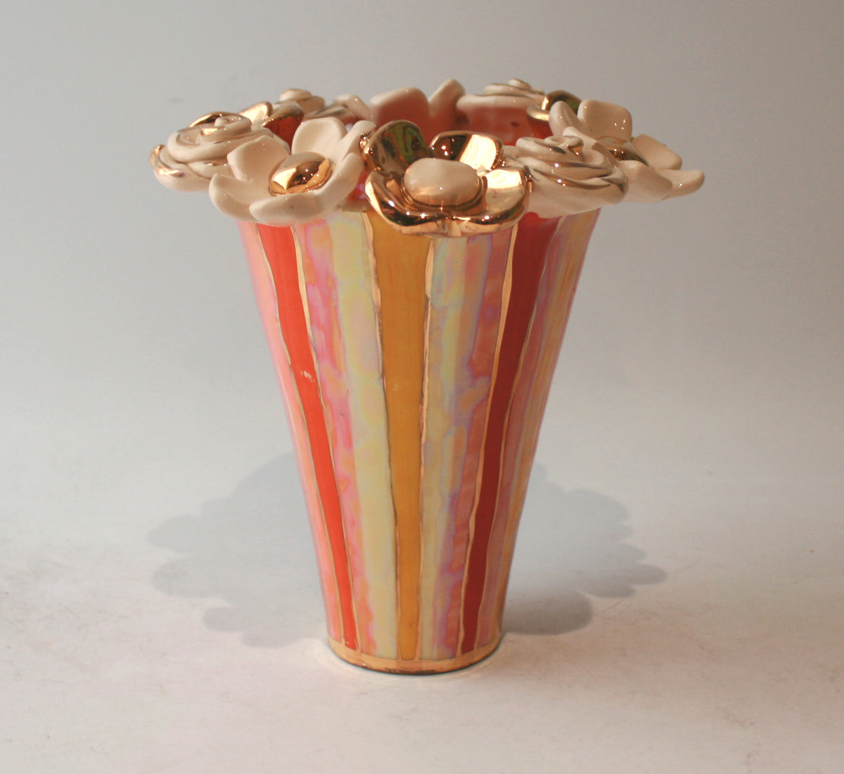 Multiflower Encrusted Flared Vase in Peachy Lustred Stripe