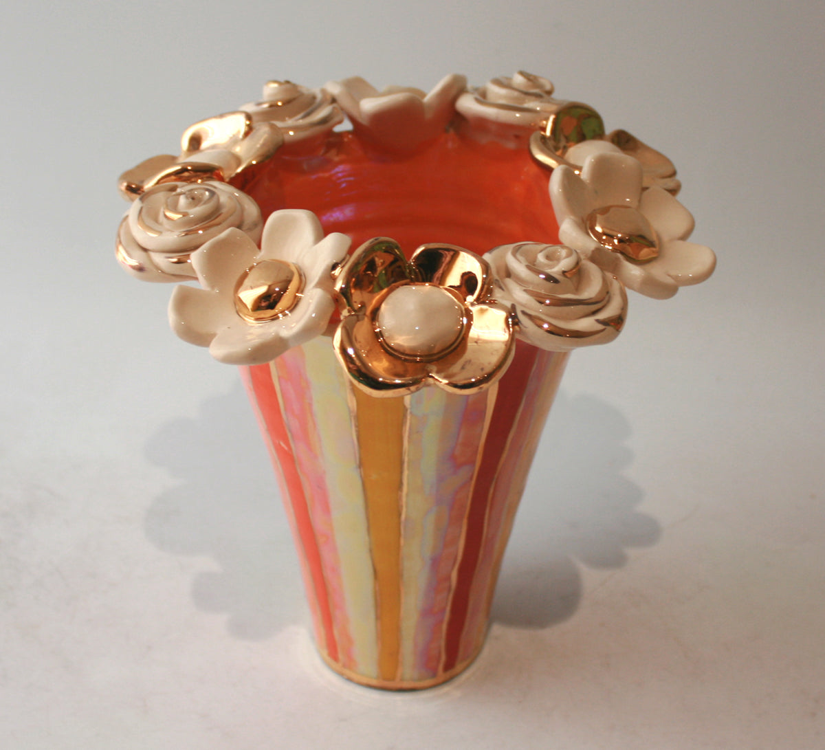 Multiflower Encrusted Flared Vase in Peachy Lustred Stripe