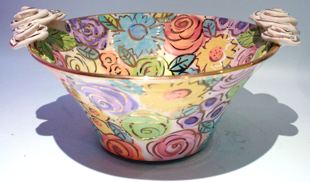 Medium Rose Edged Serving Bowl "Pastel Blooms" - MaryRoseYoung