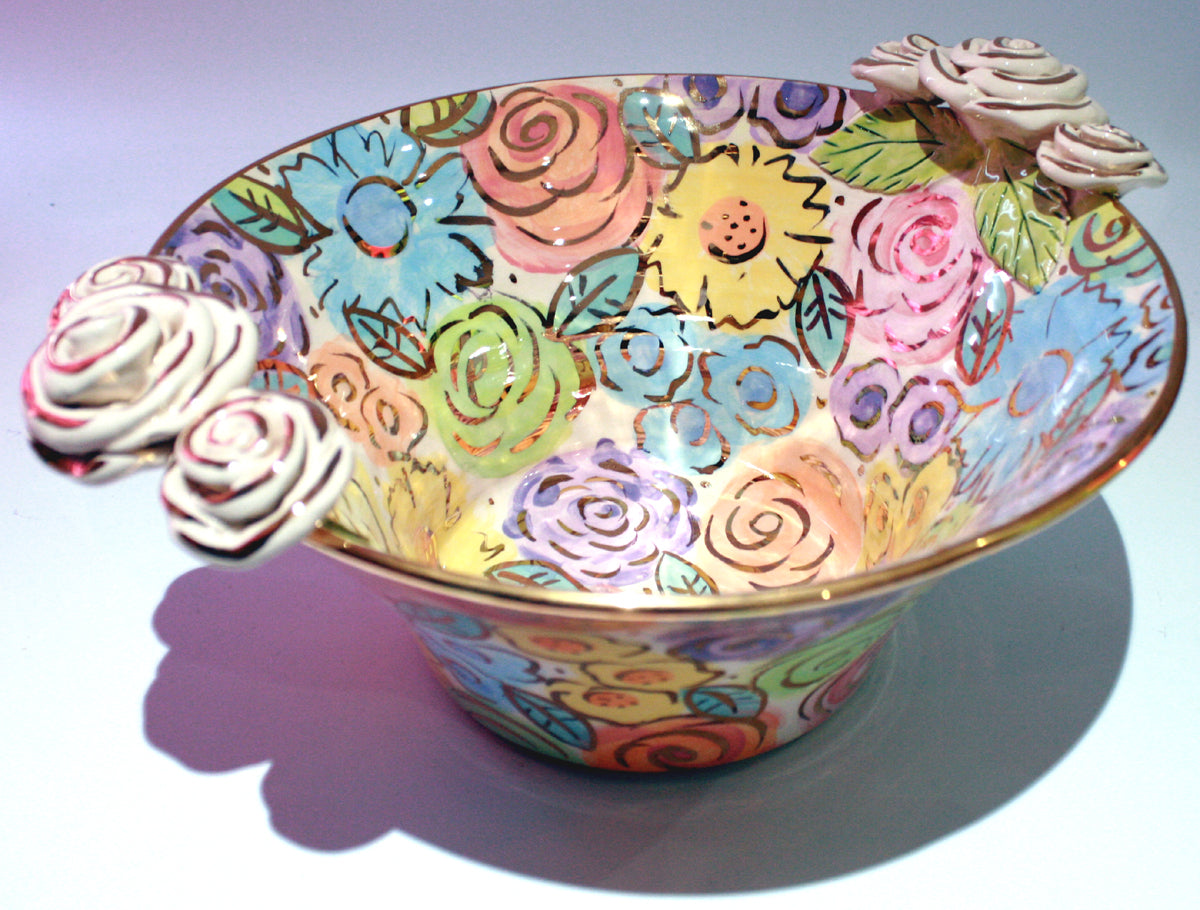 Medium Rose Edged Serving Bowl "Pastel Blooms" - MaryRoseYoung