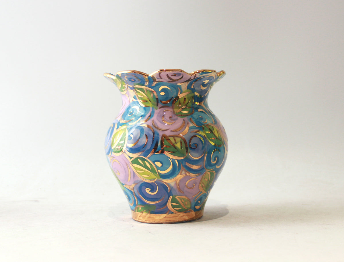 Fluted Small Fat Vase in Blue Rosebush