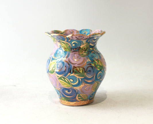 Fluted Small Fat Vase in Blue Rosebush