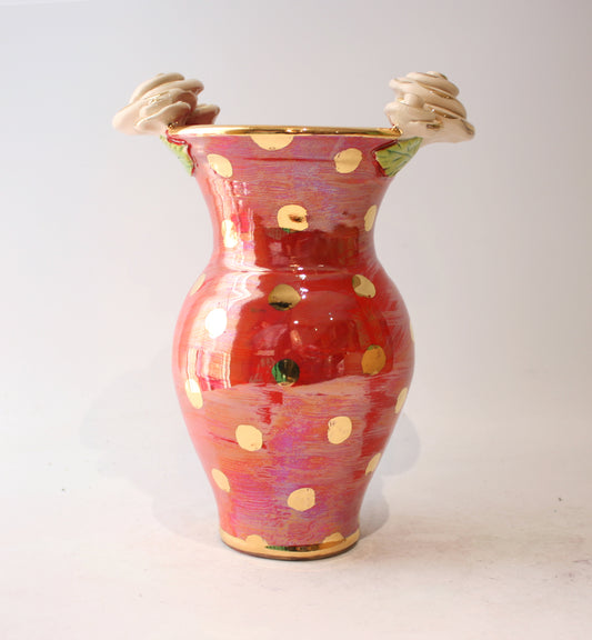 Medium Rose Edged Vase in Gold Dots on Shimmering Red