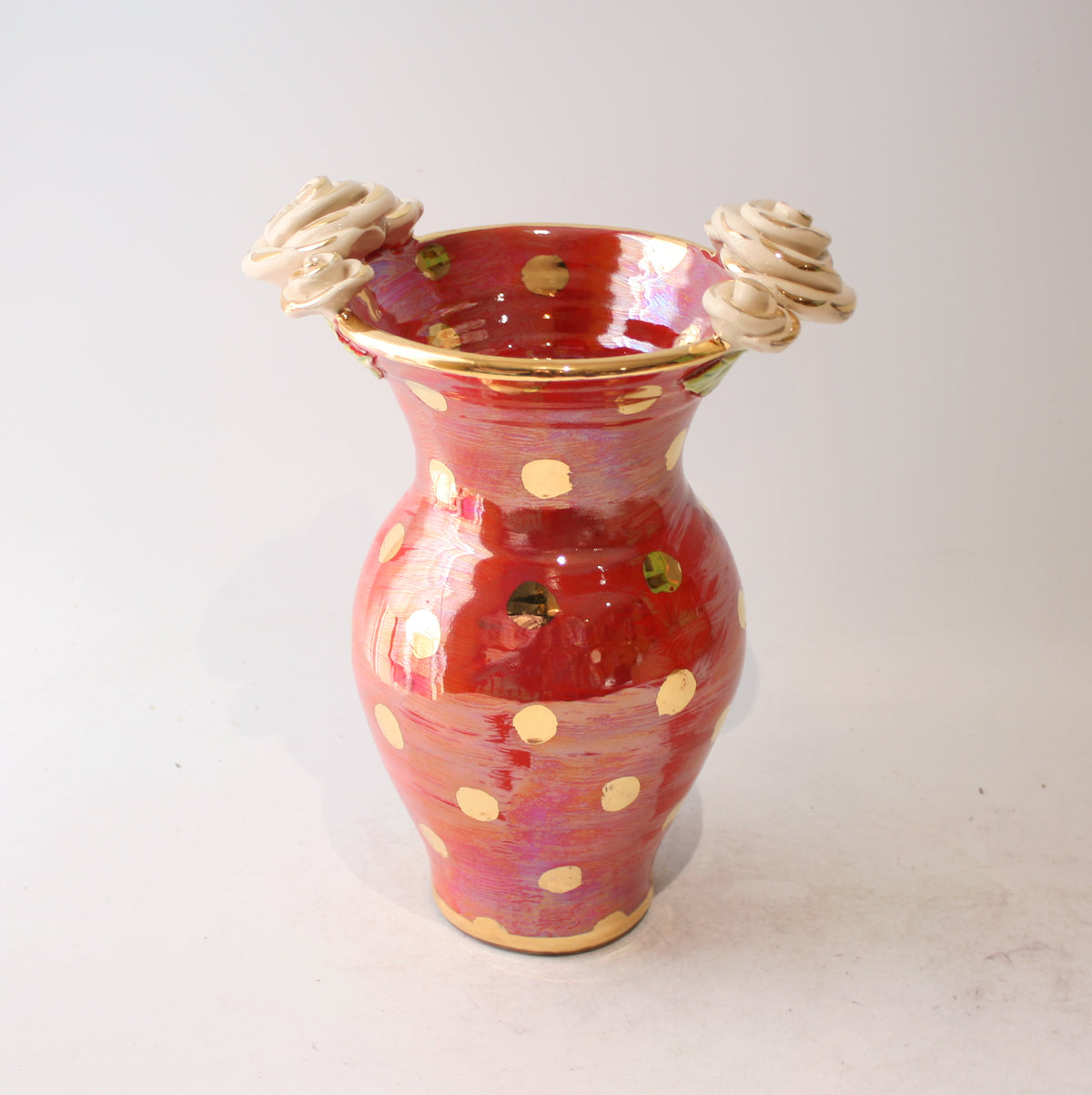 Medium Rose Edged Vase in Gold Dots on Shimmering Red