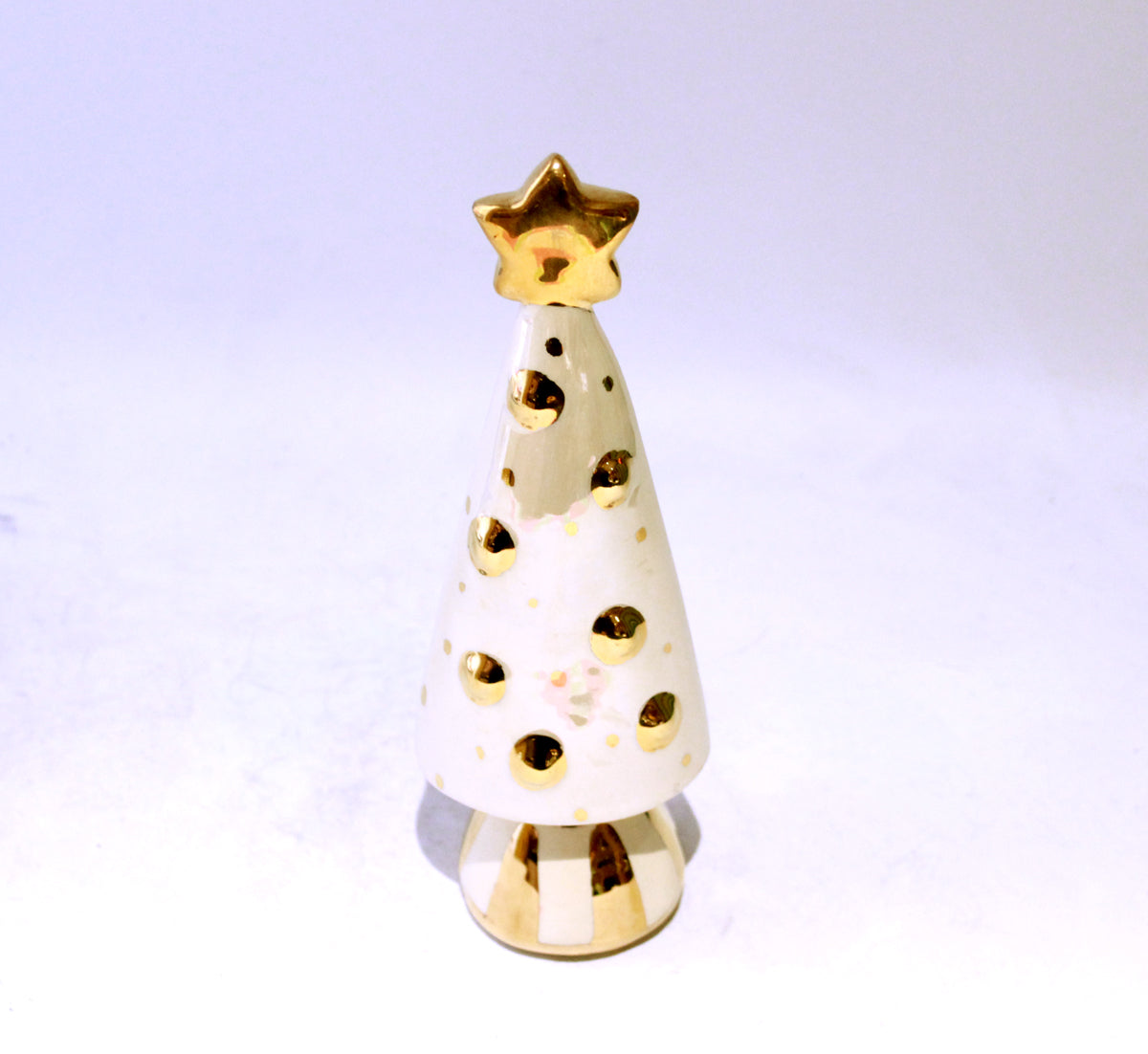 Small Christmas Tree in Iridescent White with Gold Striped Base