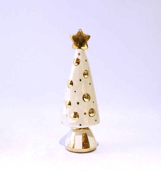 Small Christmas Tree in Iridescent White with Gold Striped Base