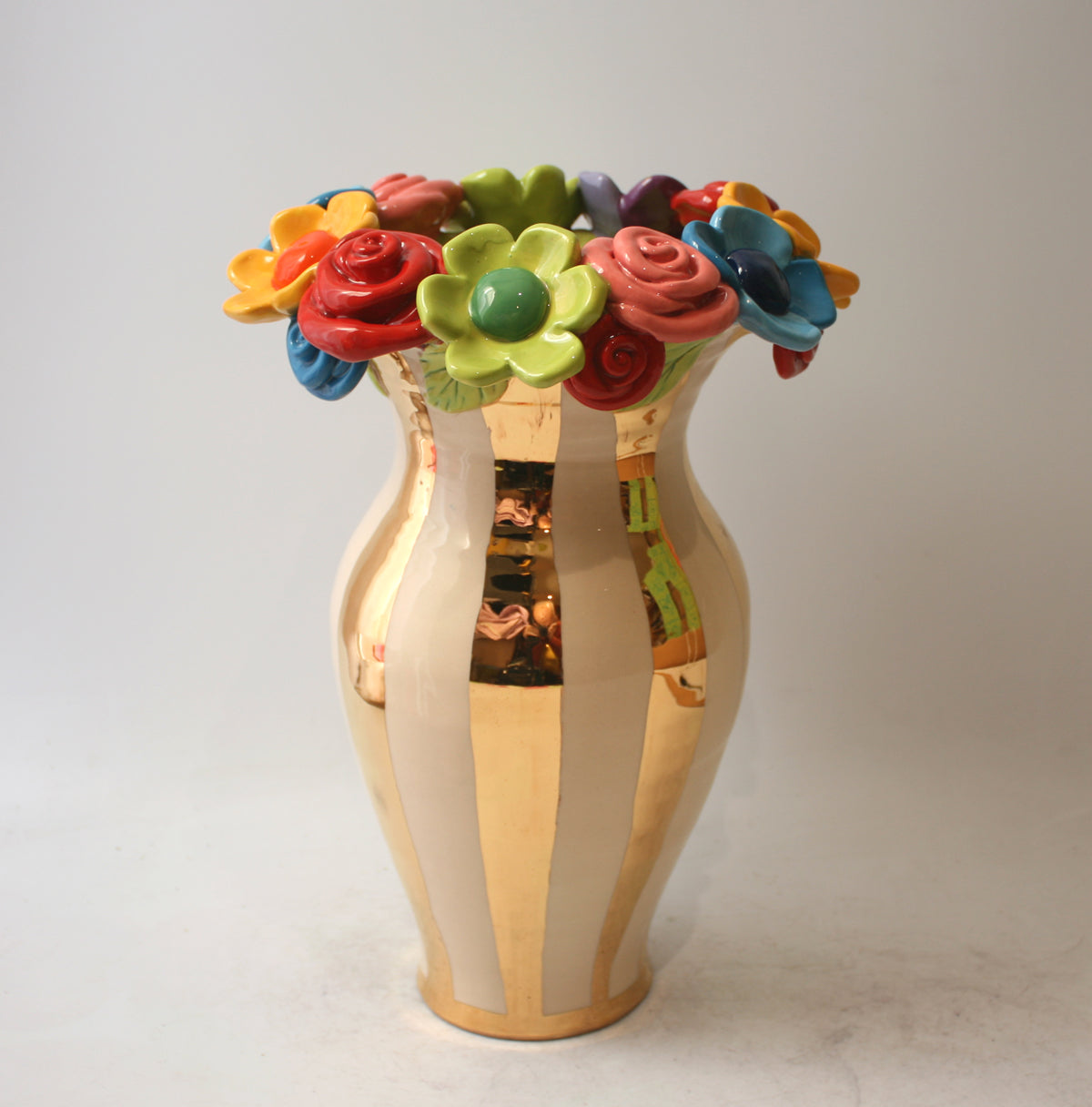 Large Multiflower Encrusted Vase in Gold and White Stripes