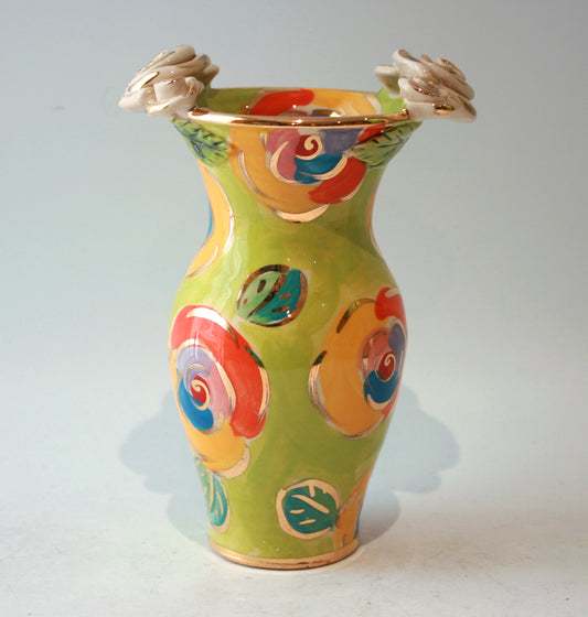 Small Rose Edged Vase in Gold New Rose on Lime Green
