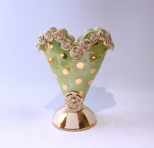 Small Rose Encrusted Heart Vase in Iridescent Green with Gold Dots