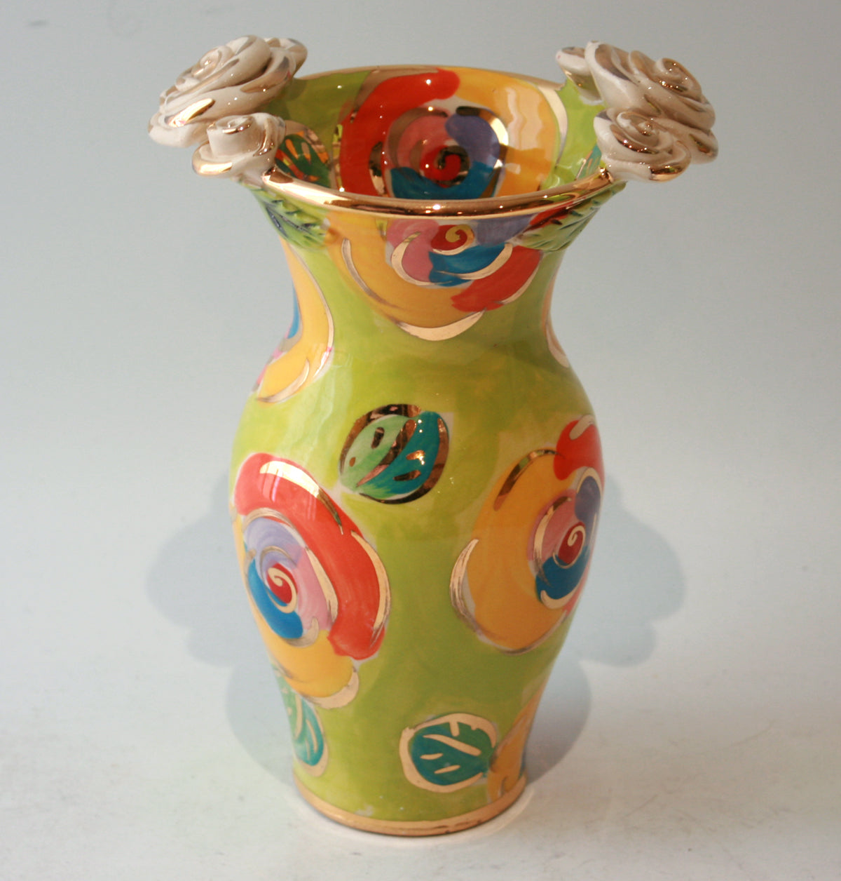 Small Rose Edged Vase in Gold New Rose on Lime Green