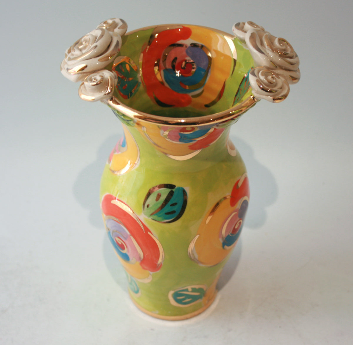 Small Rose Edged Vase in Gold New Rose on Lime Green