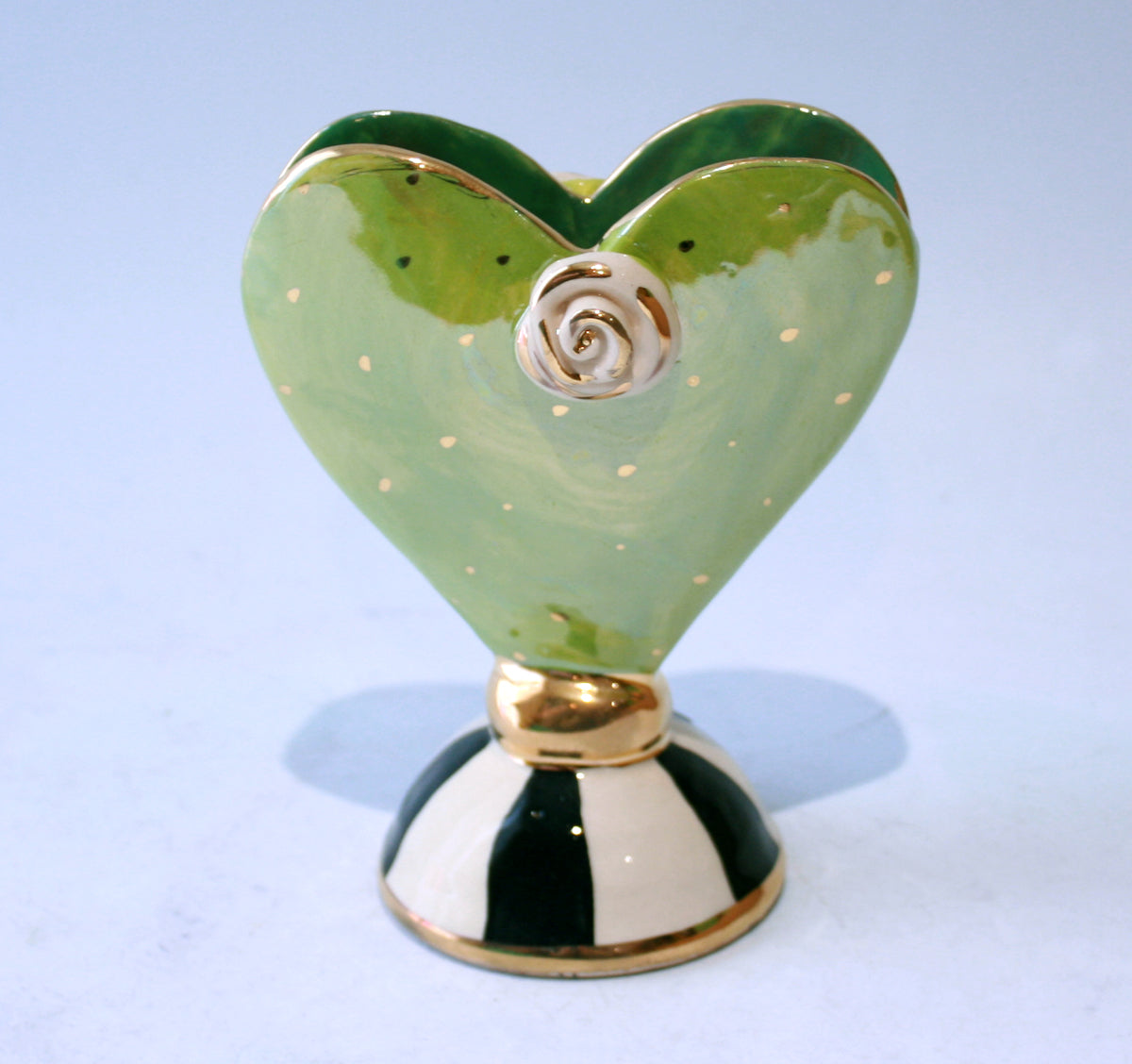 Baby Heart Vase in Green with Gold Dots