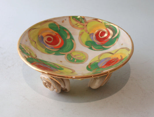 Rose Footed Dish in Green Roses