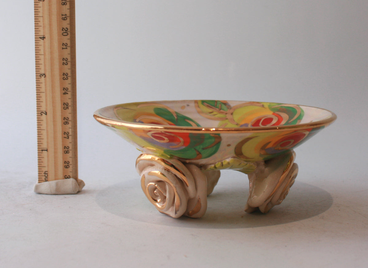 Rose Footed Dish in Green Roses