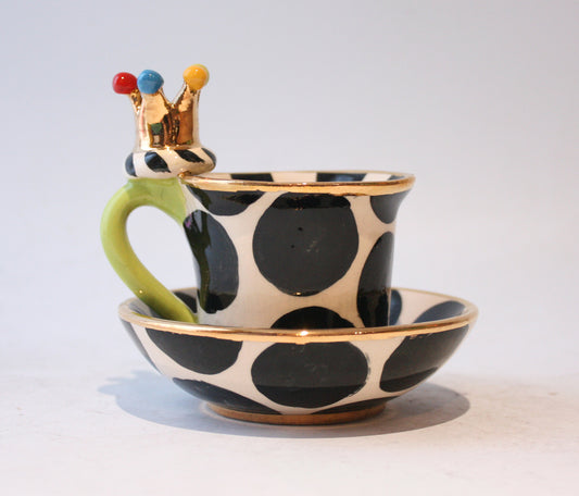 Crown Handled Demi Tasse and Saucer in Big Black Dot