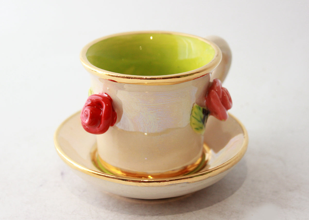Rose Studded Demi Tasse and Saucer in Iridescent White