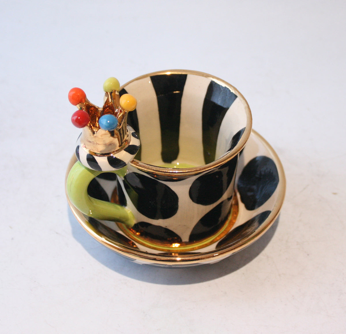 Crown Handled Demi Tasse and Saucer in Big Black Dot