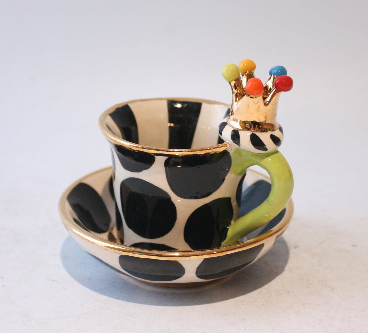 Crown Handled Demi Tasse and Saucer in Big Black Dot