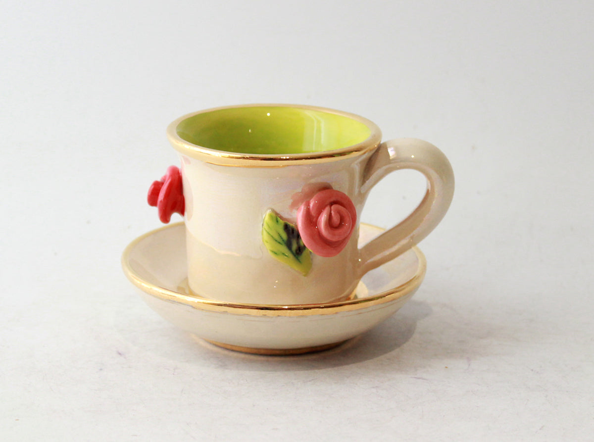 Rose Studded Demi Tasse and Saucer in Iridescent White