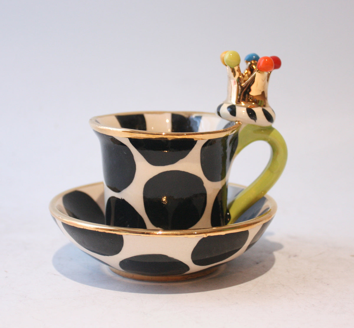 Crown Handled Demi Tasse and Saucer in Big Black Dot