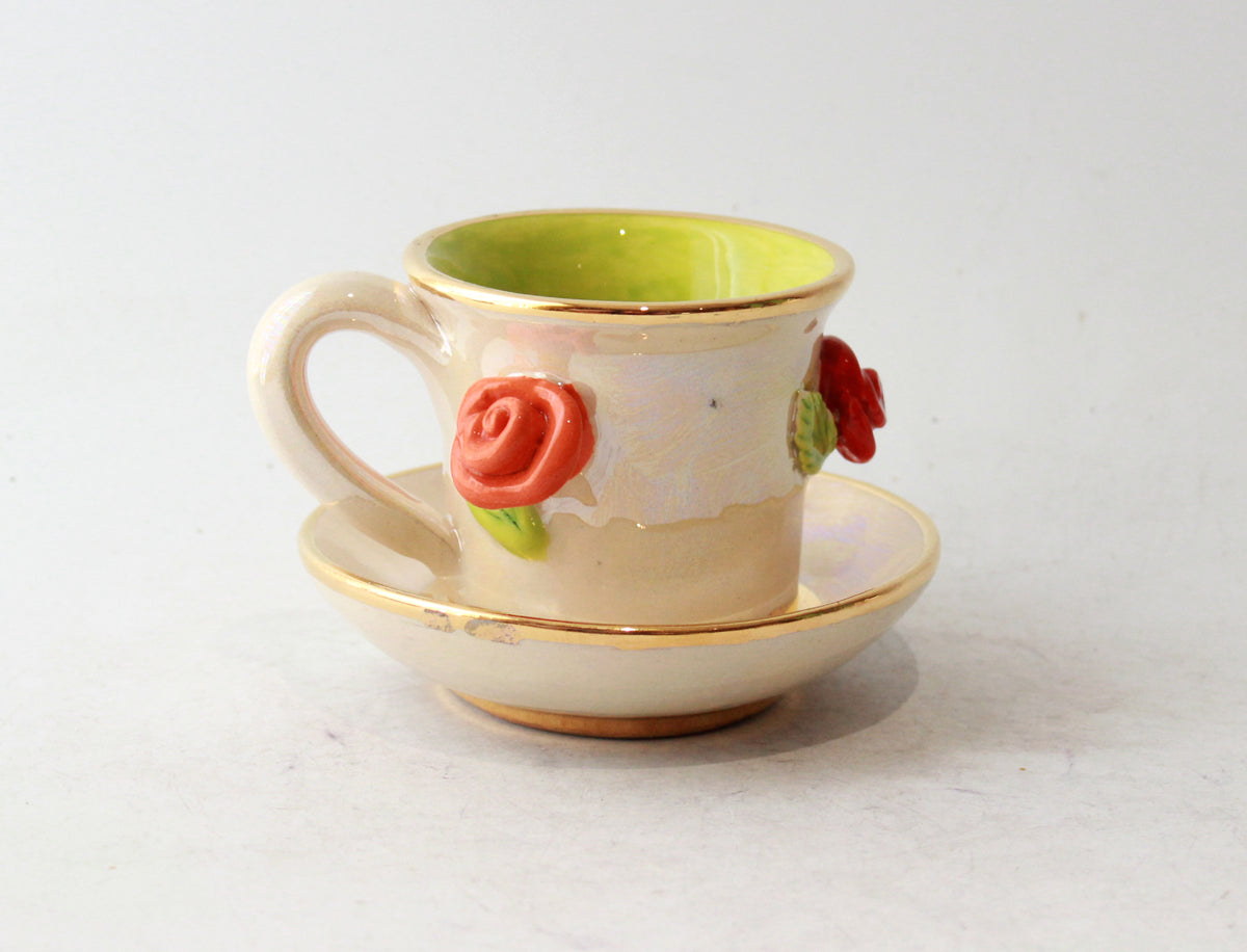 Rose Studded Demi Tasse and Saucer in Iridescent White