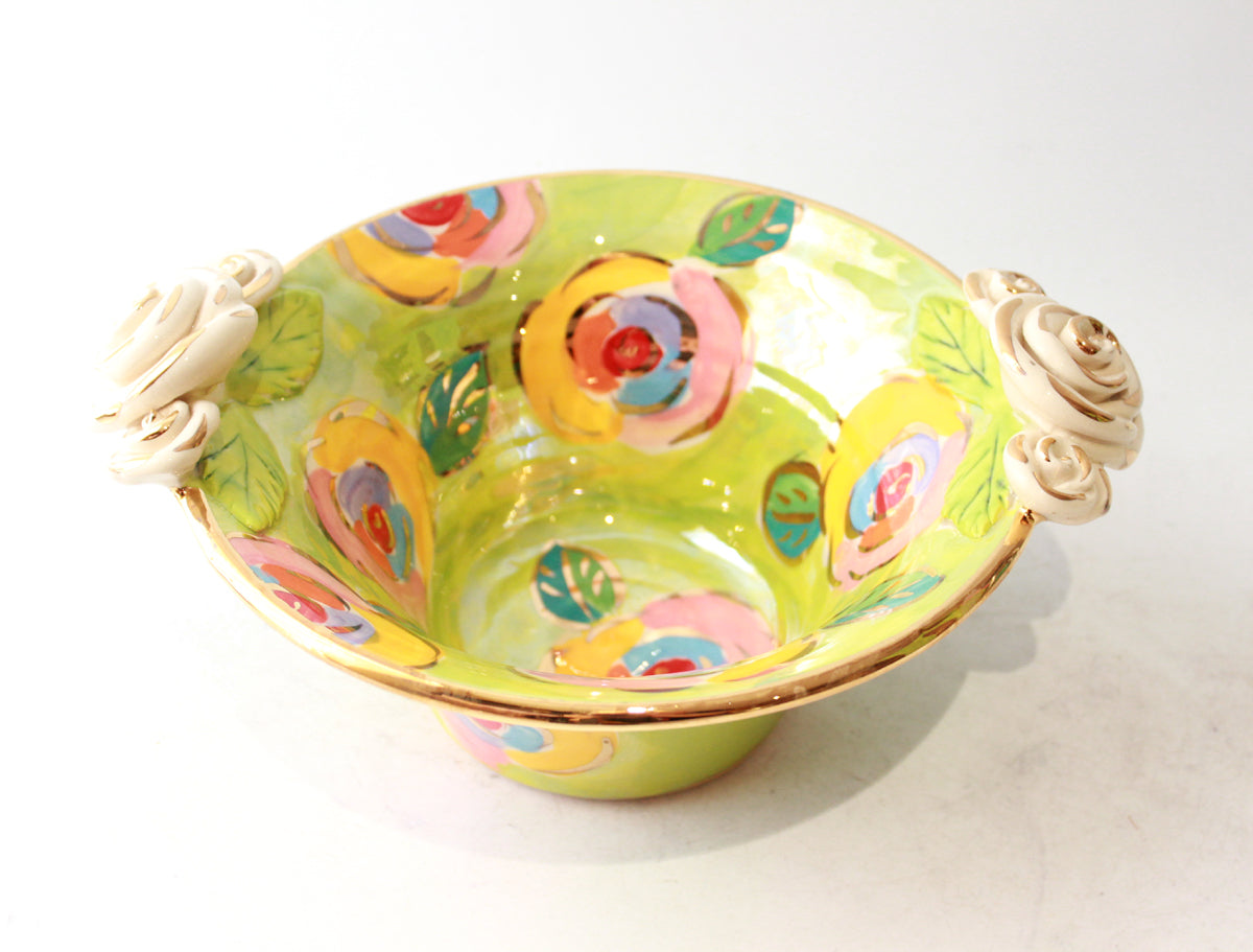 Small Rose Edged Serving Bowl in Gold New Rose on Lime Green