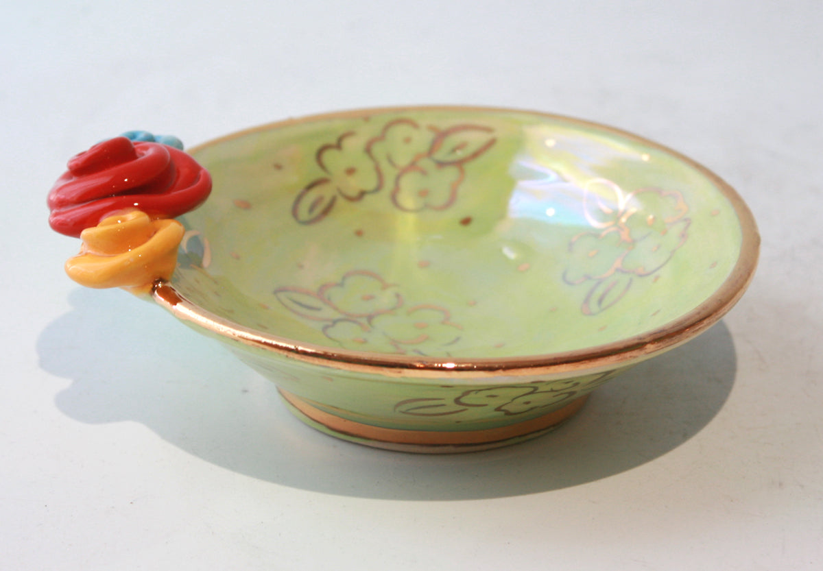 Rose Saucer in Green with Gold Dots and Posies