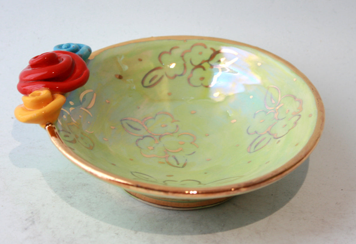Rose Saucer in Green with Gold Dots and Posies