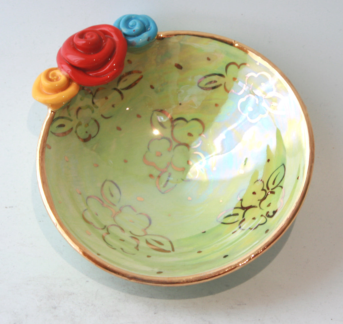 Rose Saucer in Green with Gold Dots and Posies