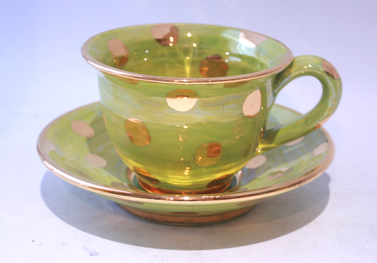 Green Cup and Saucer with Gold Dots