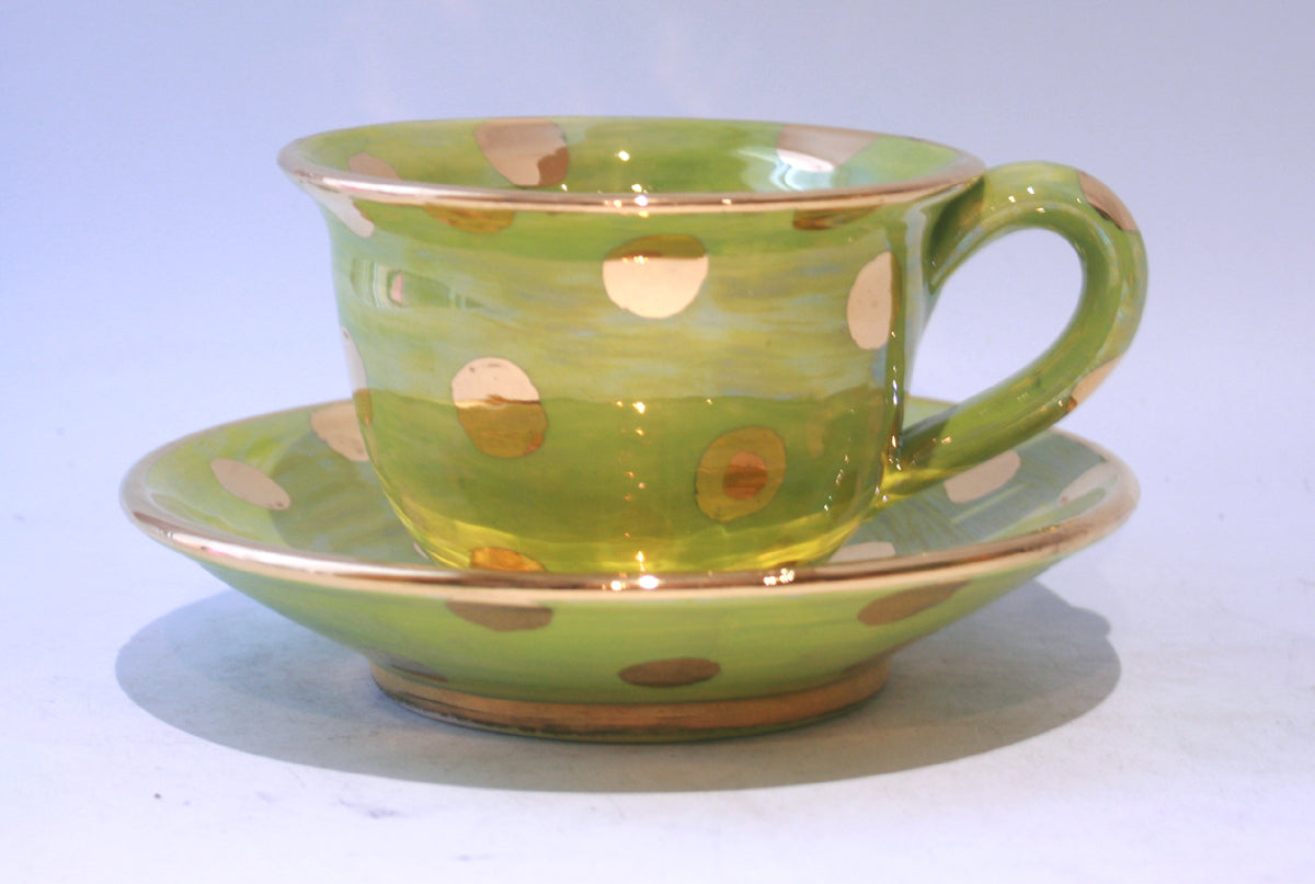 Green Cup and Saucer with Gold Dots