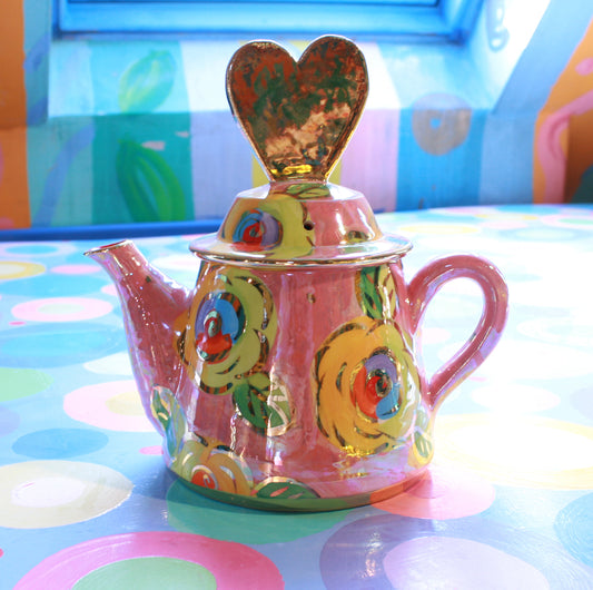 Heart Lidded Teapot in Gold New Rose on Pearly Pink