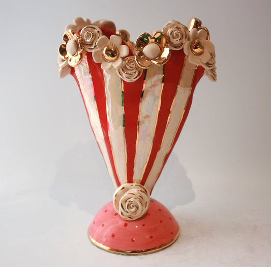 Large Multiflower Encrusted Heart Vase in Red Stripe