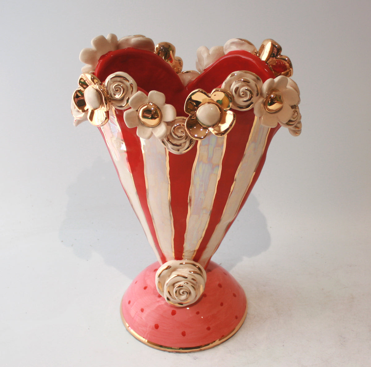 Large Multiflower Encrusted Heart Vase in Red Stripe