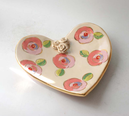 Large Heart Shaped Dish in Gold New Rose on Iridescent White