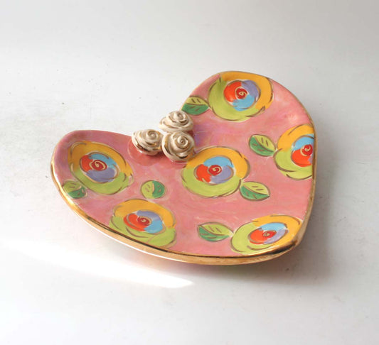Large Heart Shaped Dish in Gold New Rose on Iridescent Pink