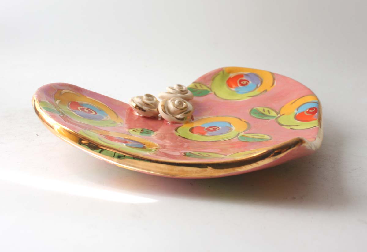 Large Heart Shaped Dish in Gold New Rose on Iridescent Pink