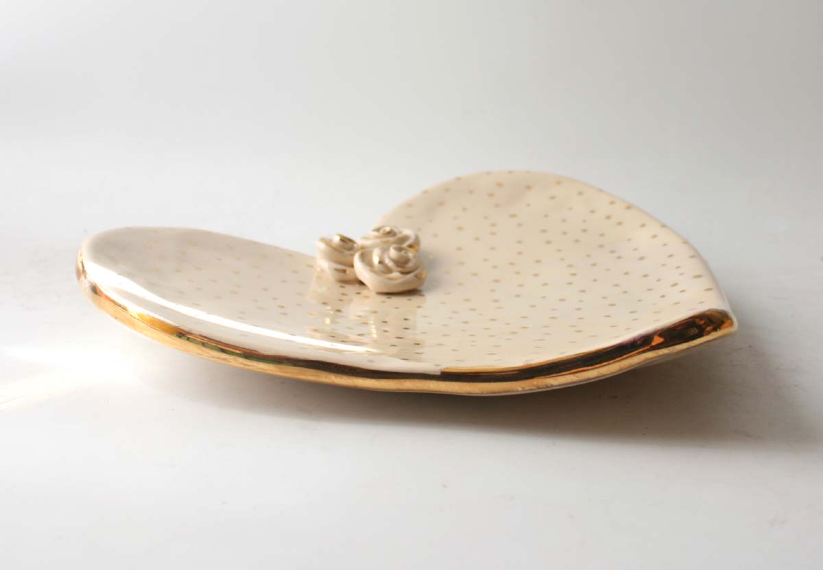 Large Heart Shaped Dish with Gold Dots
