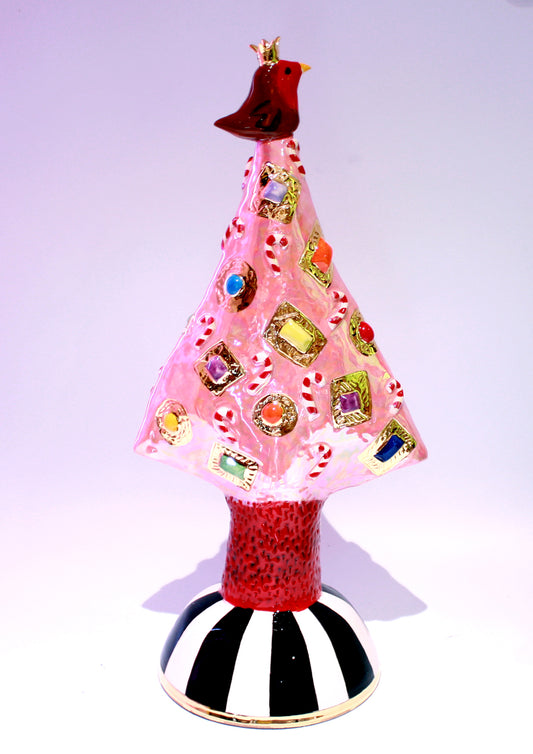 Large Jewelled Christmas Tree in Shimmering Pink with Robin