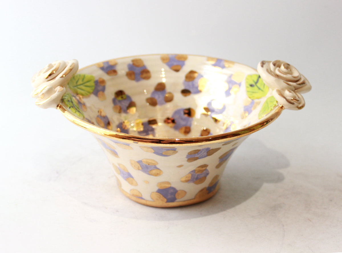 Small Rose Edged Serving Bowl in Lilac and Gold Leopard