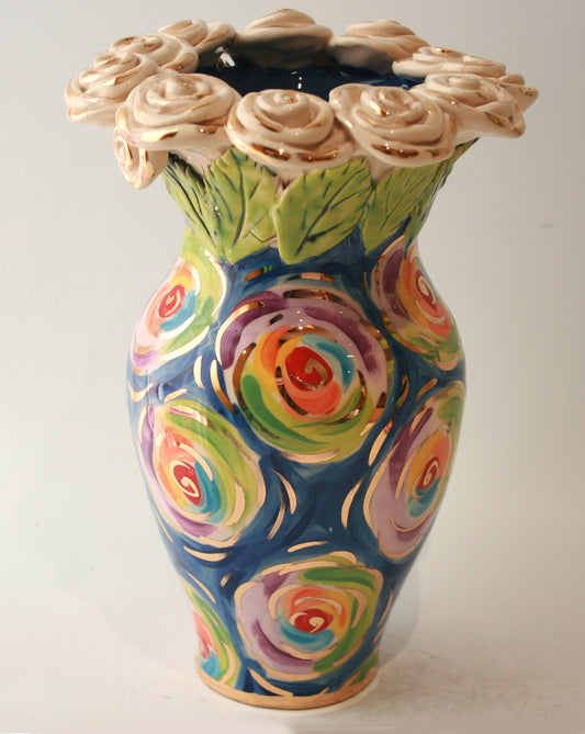 Large Rose Encrusted Vase in Swirls