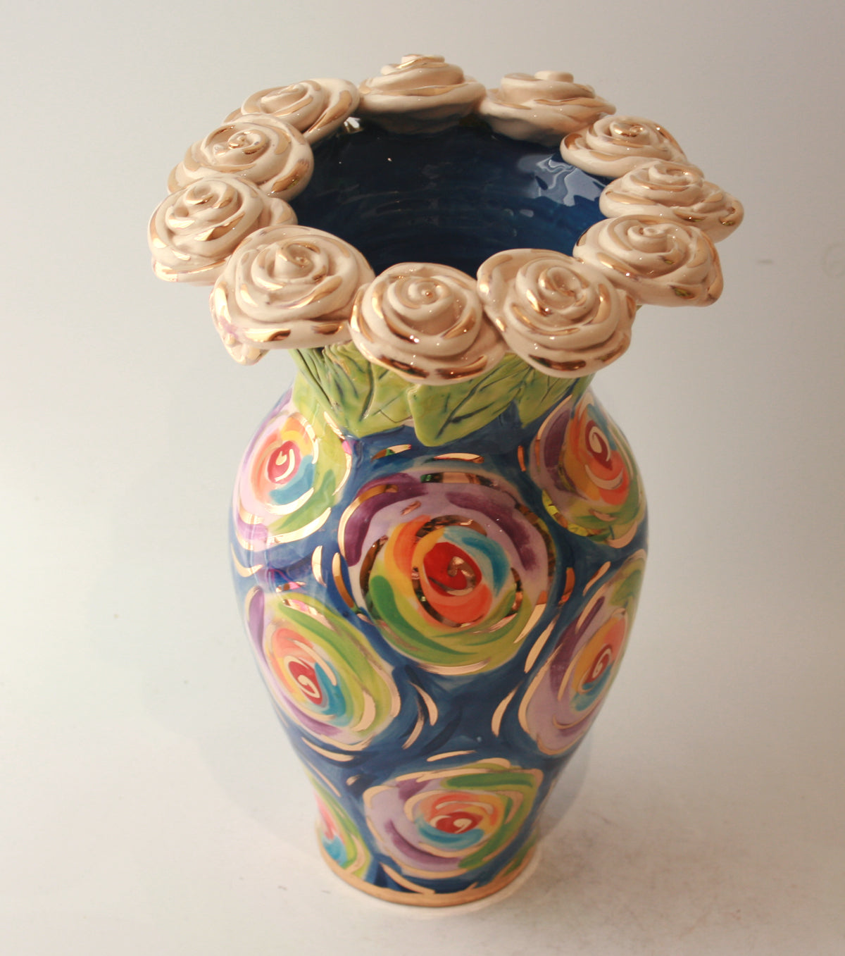 Large Rose Encrusted Vase in Swirls