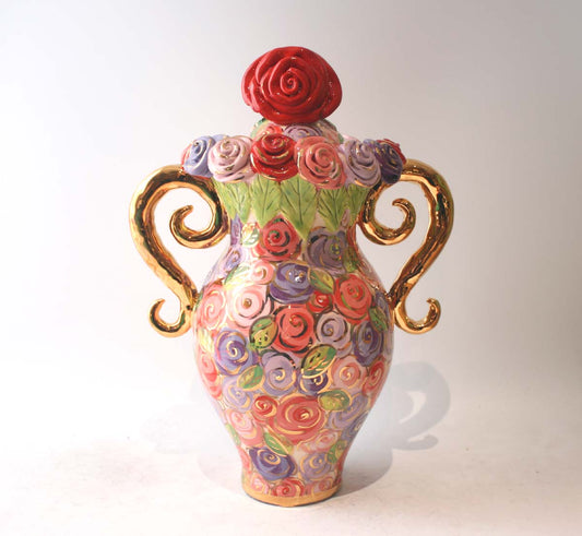 Giant Encrusted Lidded Vase in Dusky Pink Roses