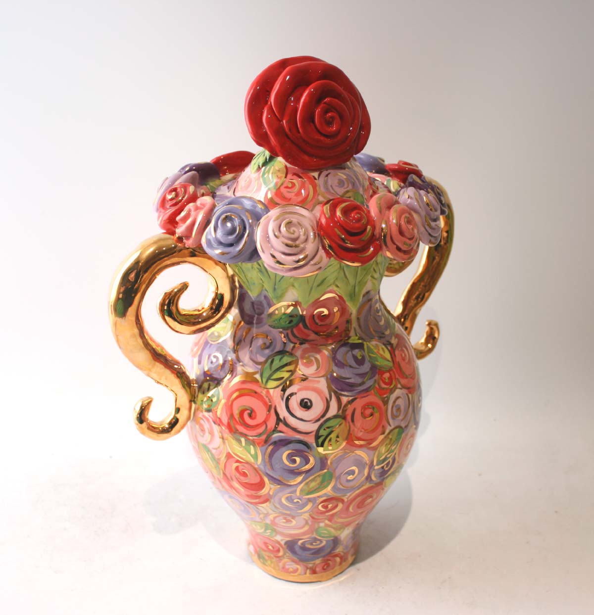 Giant Encrusted Lidded Vase in Dusky Pink Roses