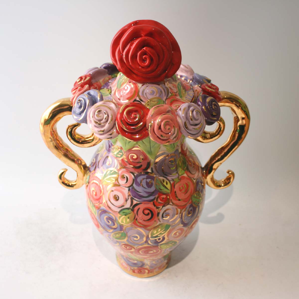 Giant Encrusted Lidded Vase in Dusky Pink Roses