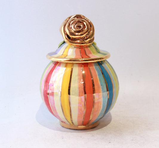 Small Round Rose Lidded Tea Caddy in Lustred Stripe